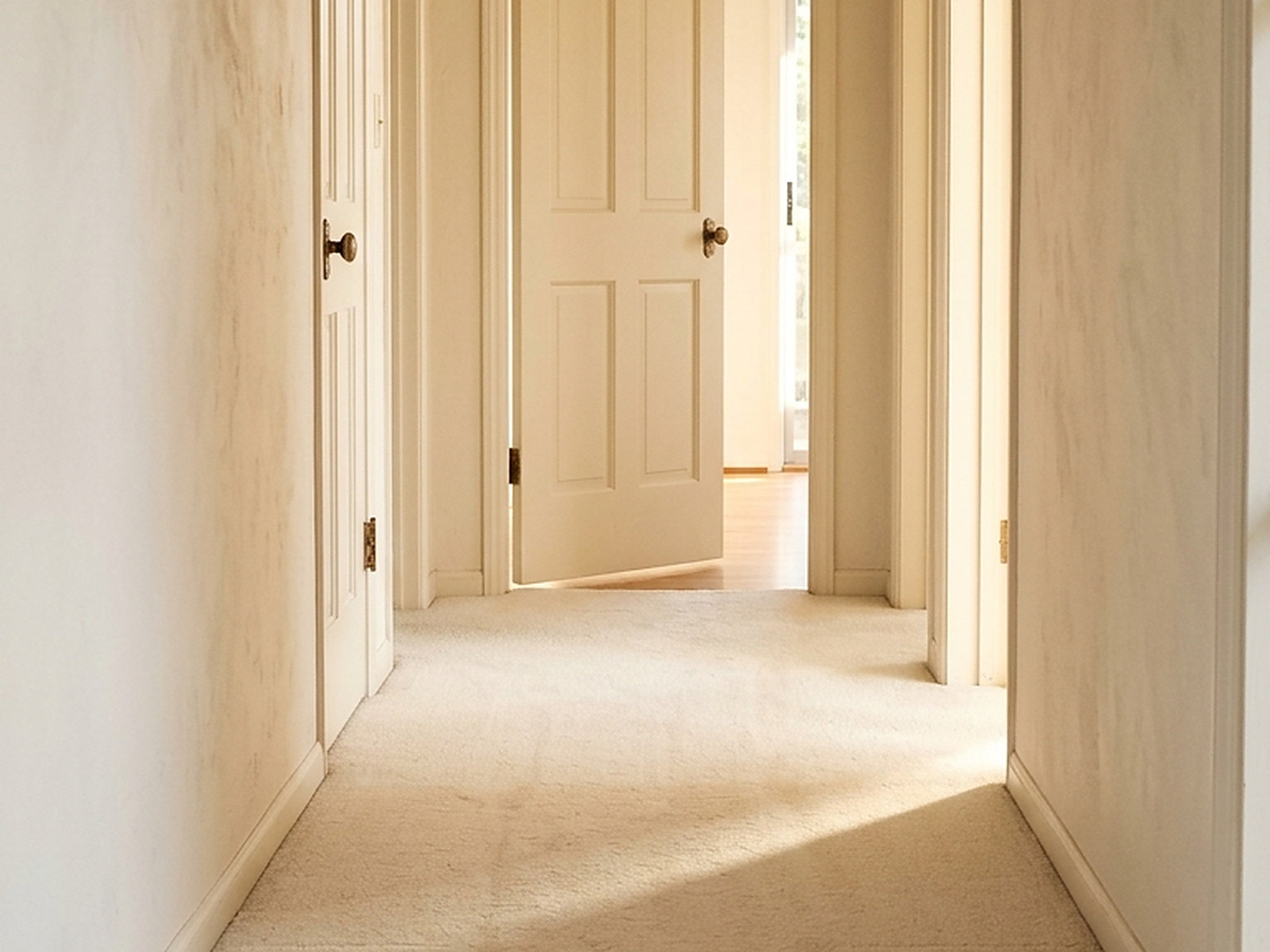 A quiet hallway with clean cream carpet and daylight across the floor