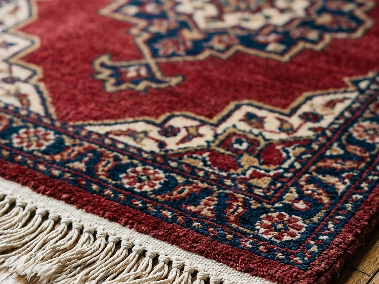 Illustrated: the corner of a hand-knotted wool rug on a wood floor, deep red field, navy and ivory border, cotton fringe